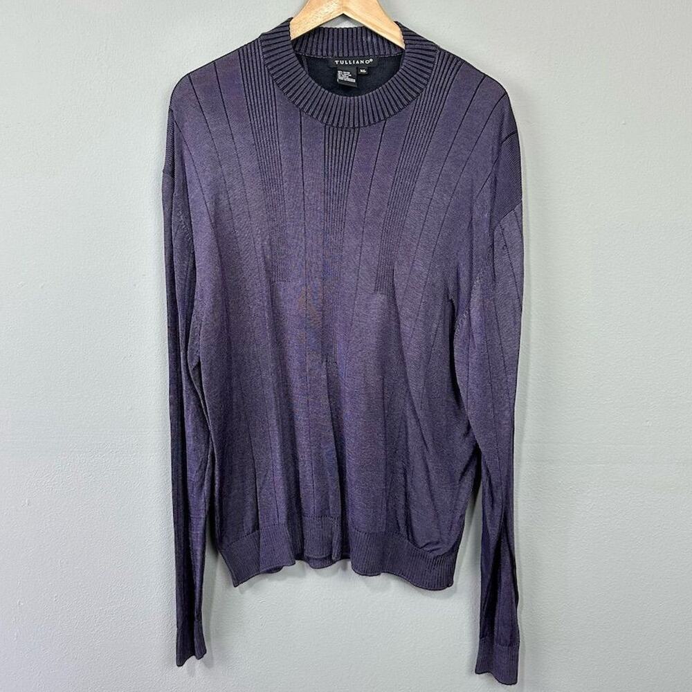 Vtg 90s Tulliano Metallic Purple Ribbed Knit Pullover Sweater Size XL Crew Neck